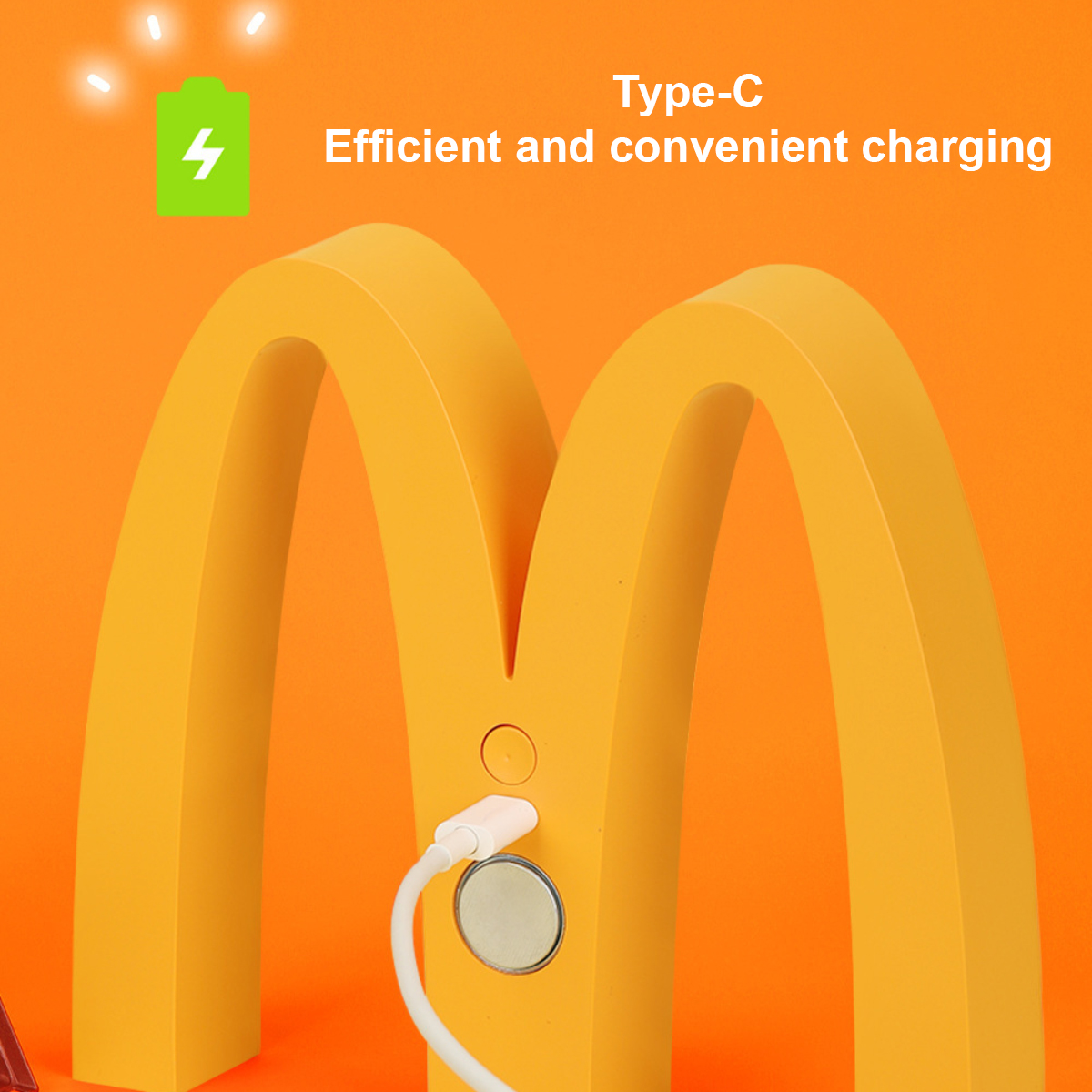 Gelbe Bögen mit angeschlossenem weißem USB-C-Kabel. Batteriesymbol.