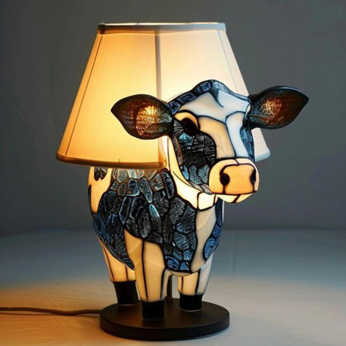 Eine Kuhlampe aus Buntglas mit cremefarbenem Schirm beleuchtet einen Raum.