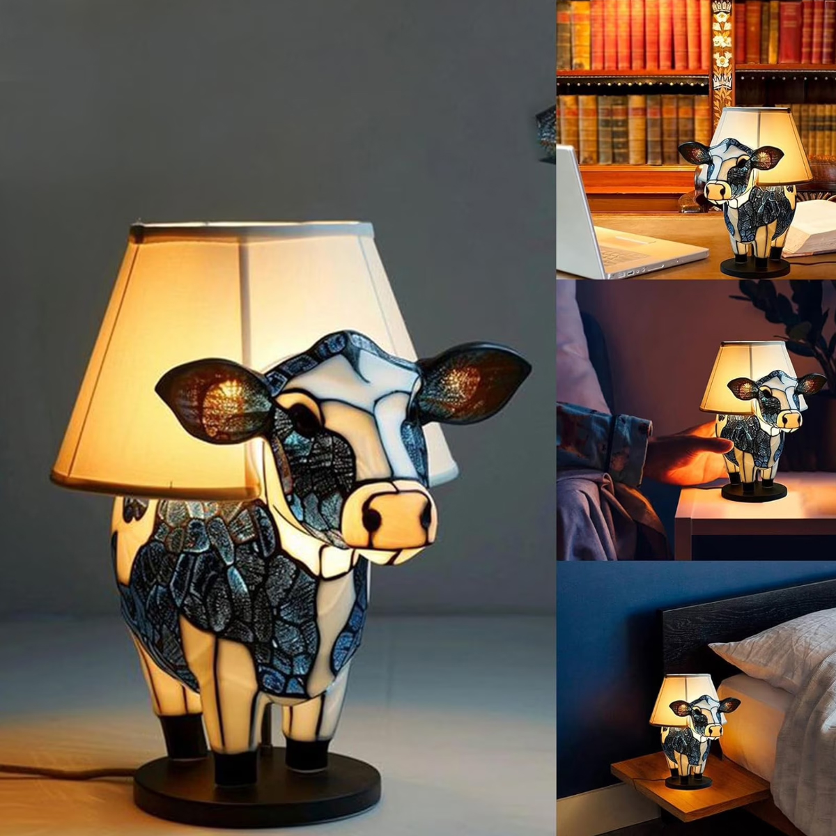 Eine Lampe in Kuhform mit einem hellen Lampenschirm steht auf einem dunklen Sockel.