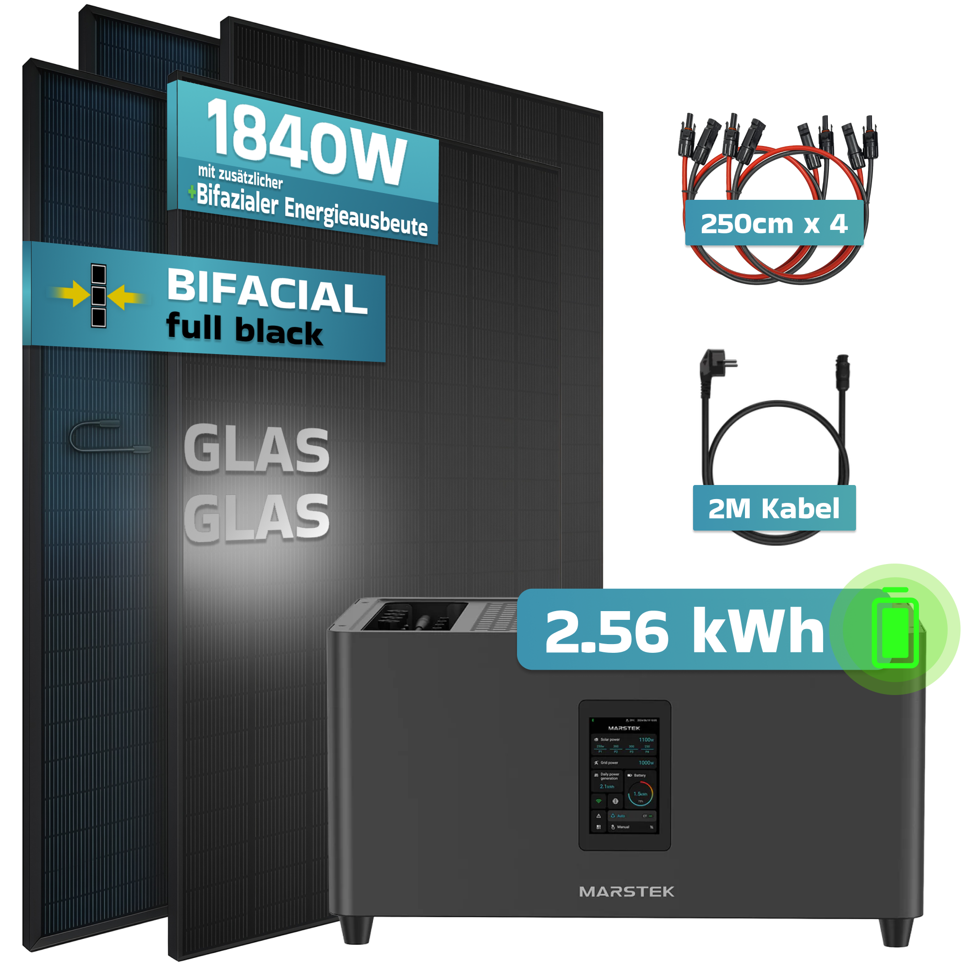 Solarmodule, Wechselrichter und Kabel. 1840W bifazial, 2.56 kWh Kapazität.