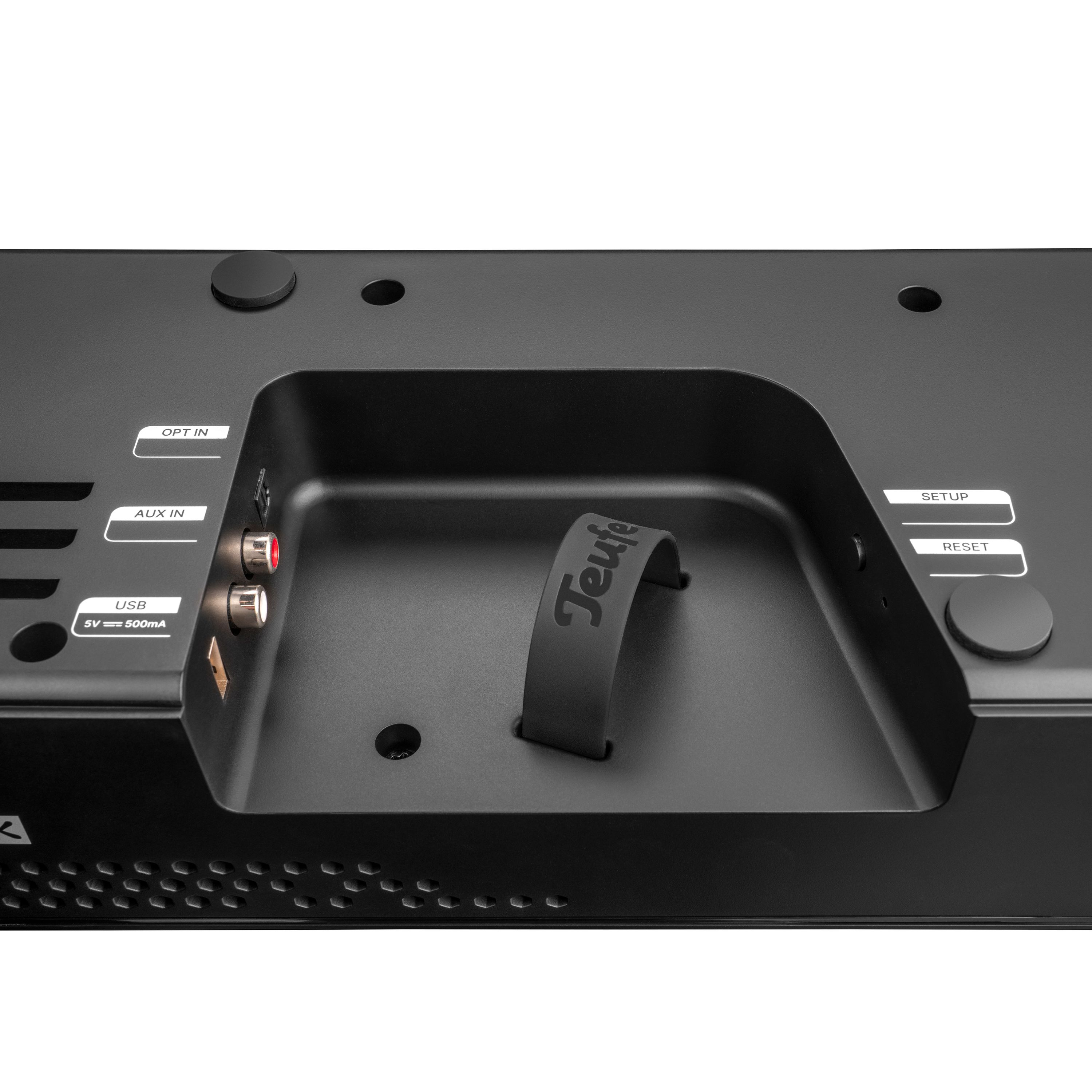 Anschlussfeld eines schwarzen Geräts mit OPT IN, AUX IN, USB, SETUP, RESET.