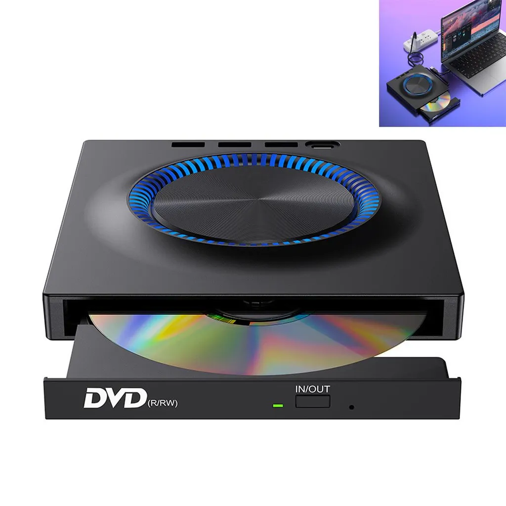 Schwarzer externer DVD-Brenner mit blau beleuchtetem Ring und eingelegter CD.