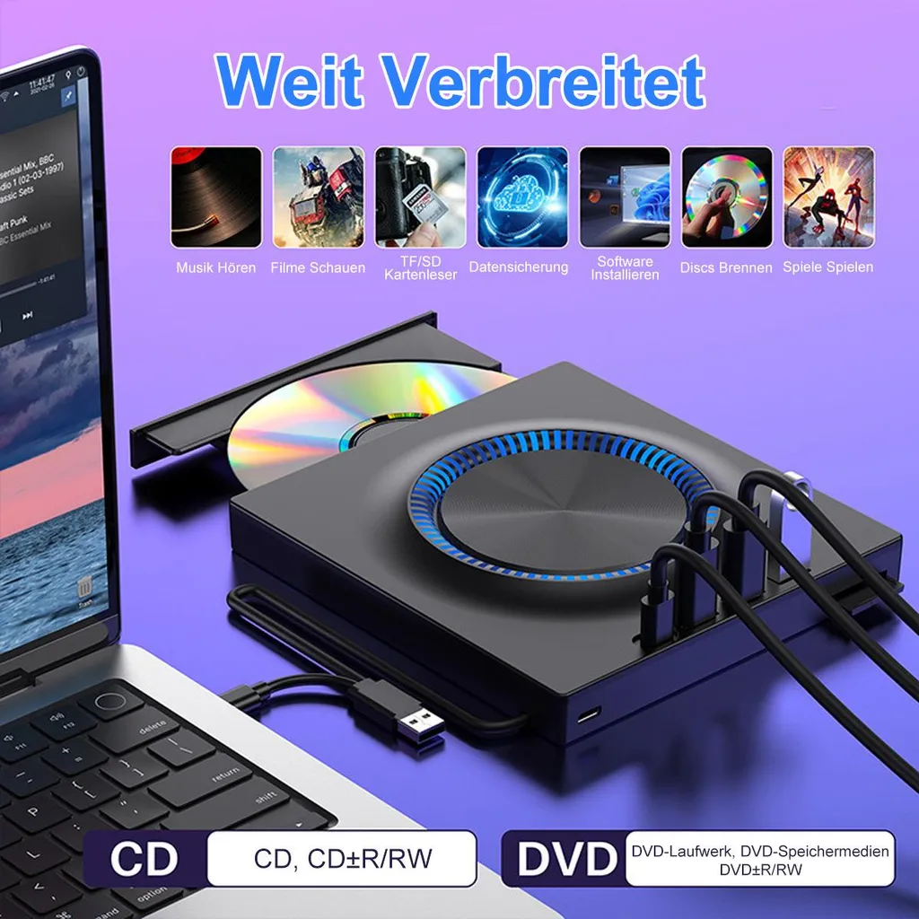 Externes CD/DVD-Laufwerk mit Laptop, SD-Kartenleser, Cloud-Symbolen.