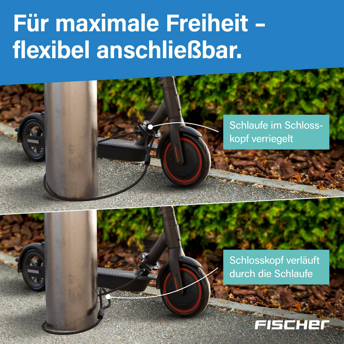 E-Scooter wird mit Schloss an Pfosten gesichert, Schlaufe im Schlosskopf.