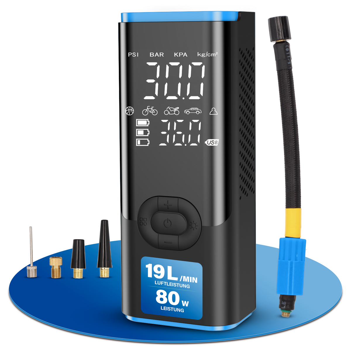 Schwarzer digitaler Reifenfüller mit Schlauch, Düsen und einem blauen Sockel.