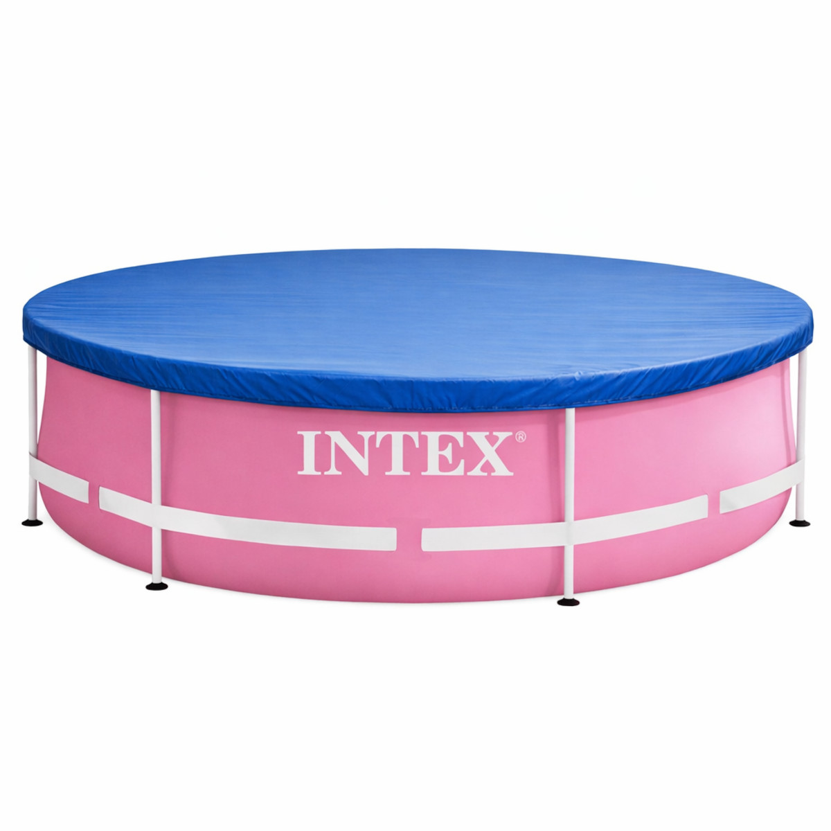 Ein runder pinker Intex-Pool mit blauer Abdeckung und weißem Rahmen steht auf weißem Grund.