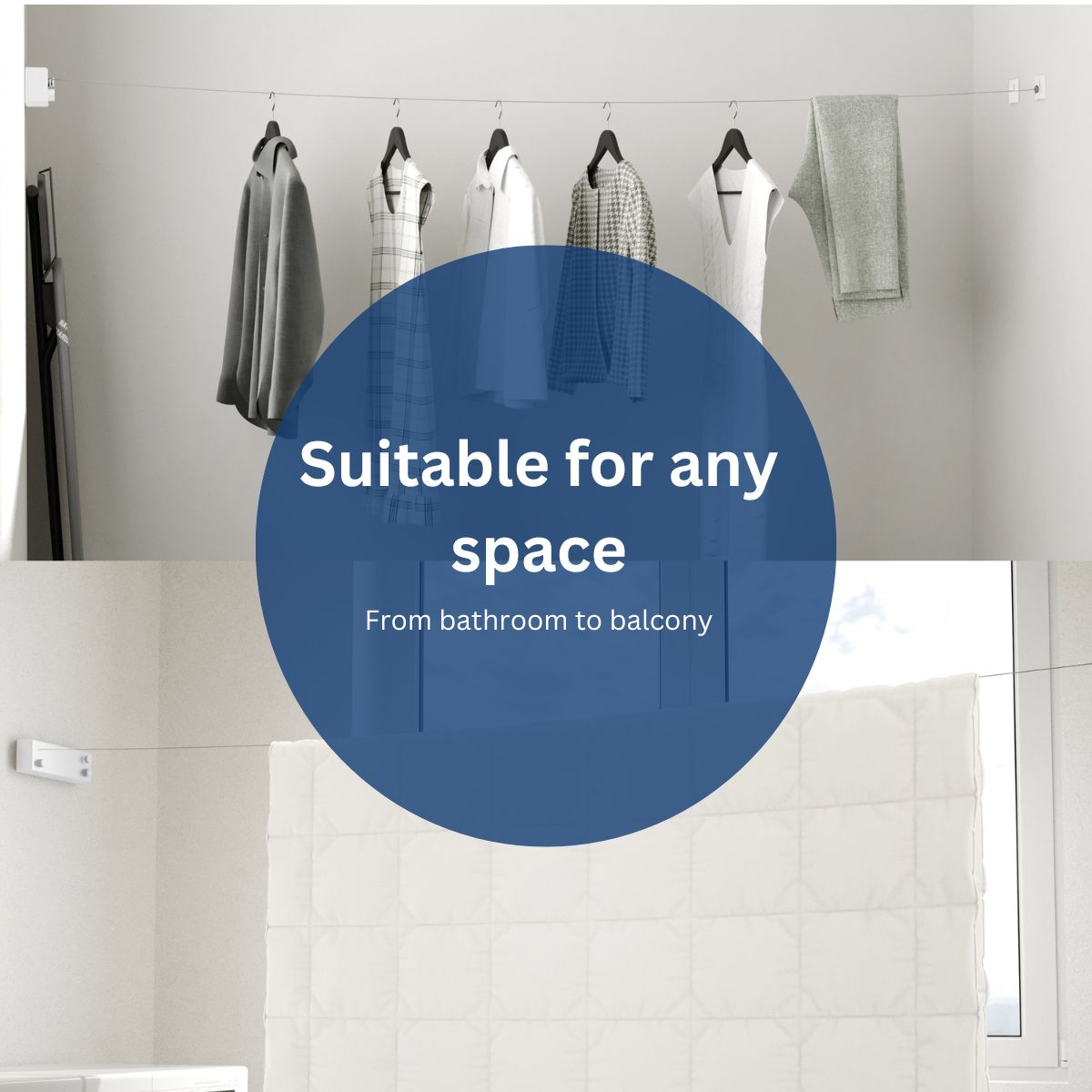Fil à linge rétractable avec vêtements et linge de lit, adapté à tout espace.