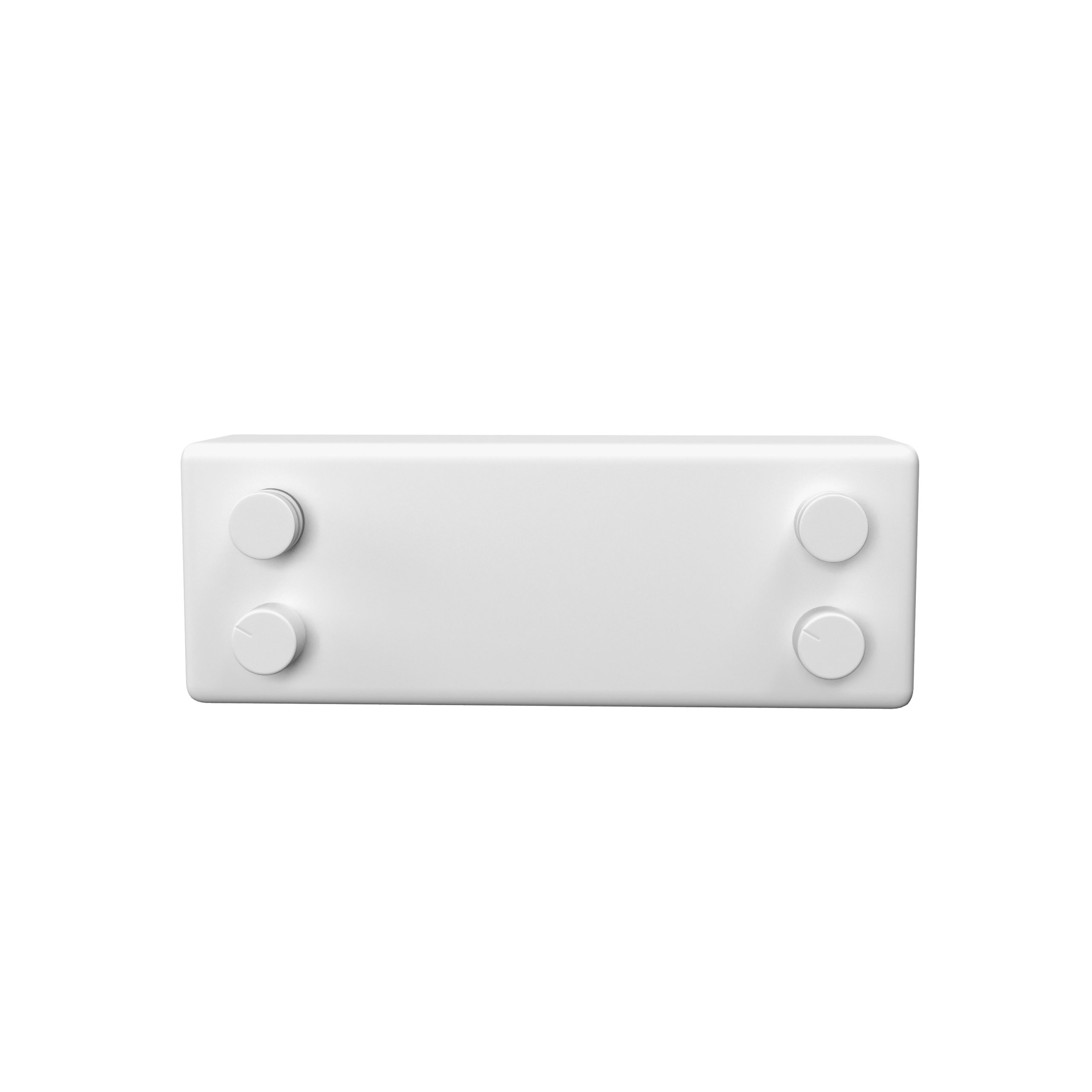 Un bloc rectangulaire blanc avec quatre boutons ronds, deux de chaque côté.