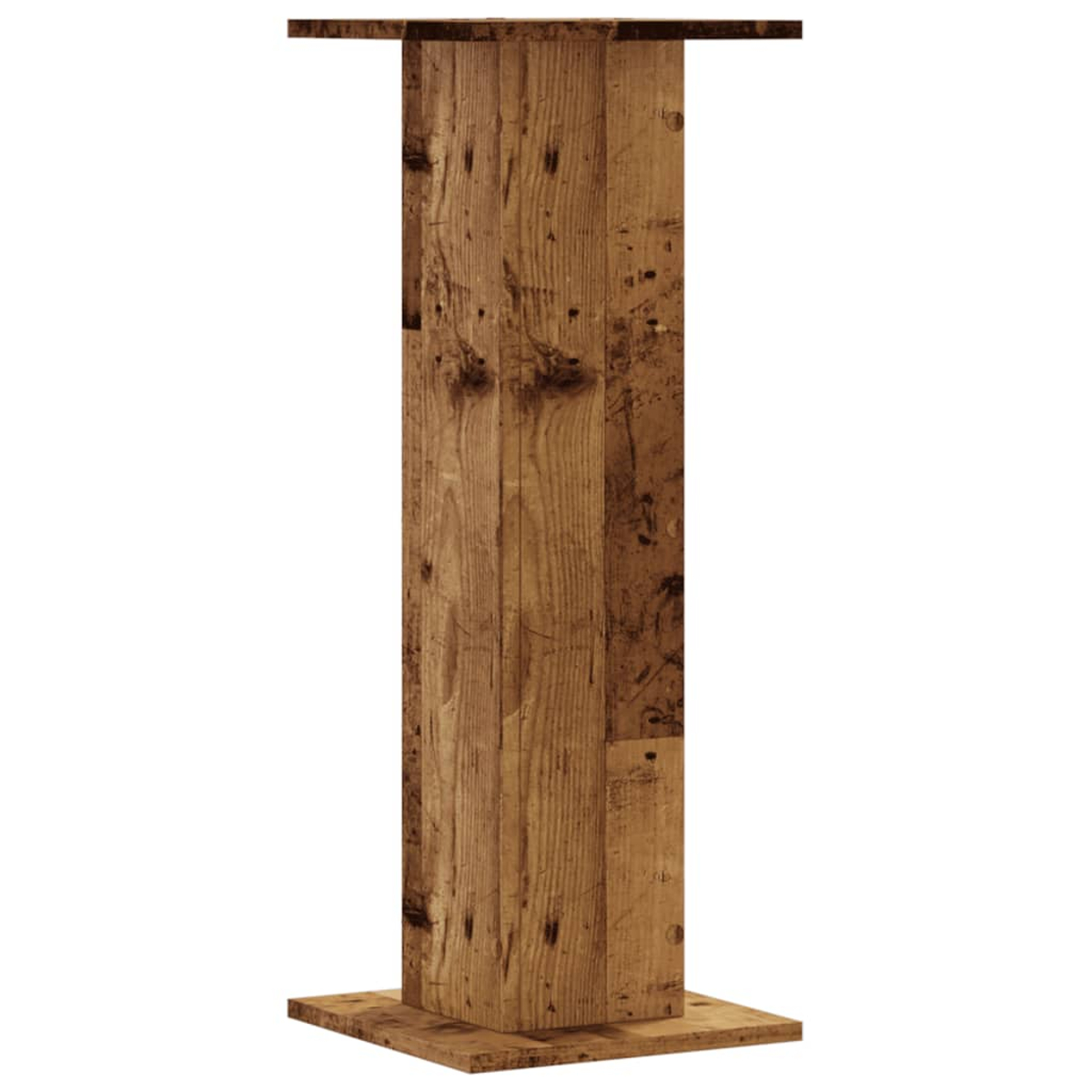 Ein rustikaler Holzturm mit quadratischer Basis und Oberseite auf weißem Hintergrund.