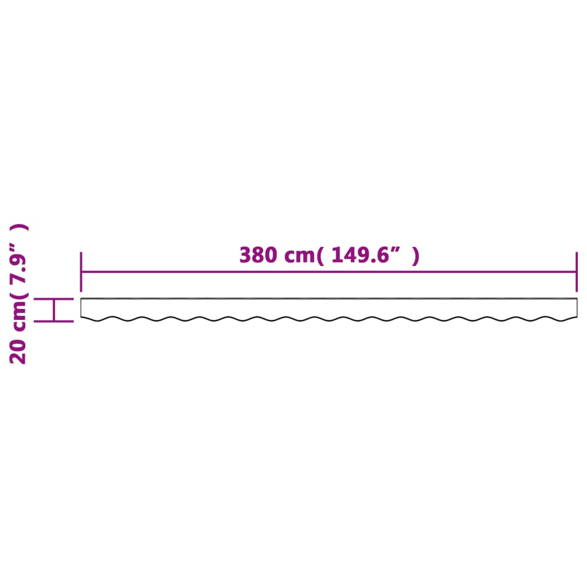 Un diagramma mostra un oggetto bianco ondulato con dimensioni di 380 cm e 20 cm.