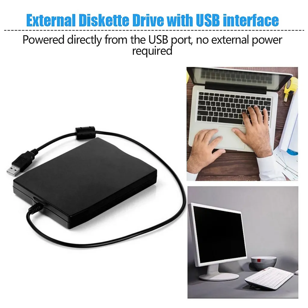 Schwarzes externes Diskettenlaufwerk mit USB-Kabel, Laptop und Monitor.