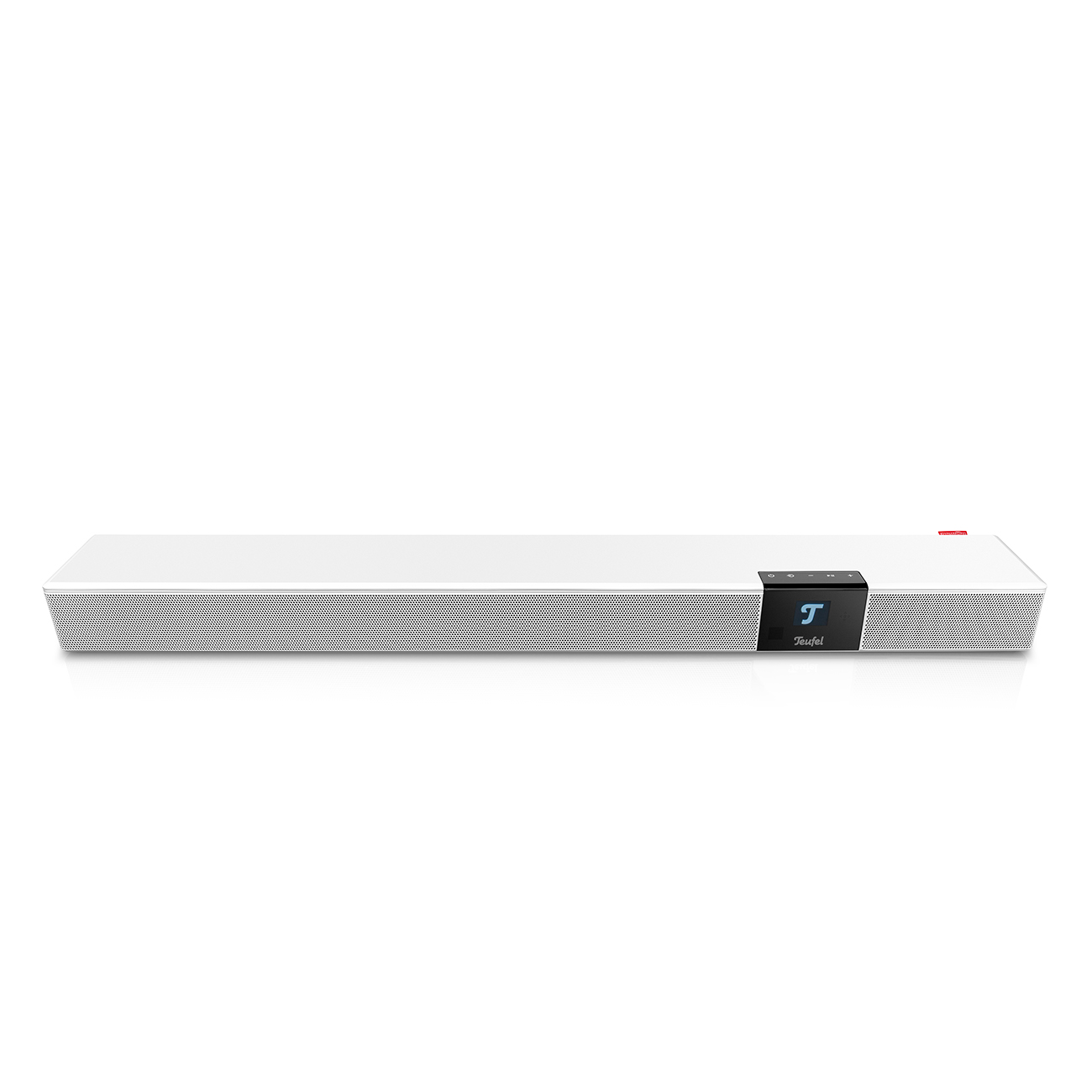 Ein weißer Soundbar mit schwarzem Display und Teufel-Logo.