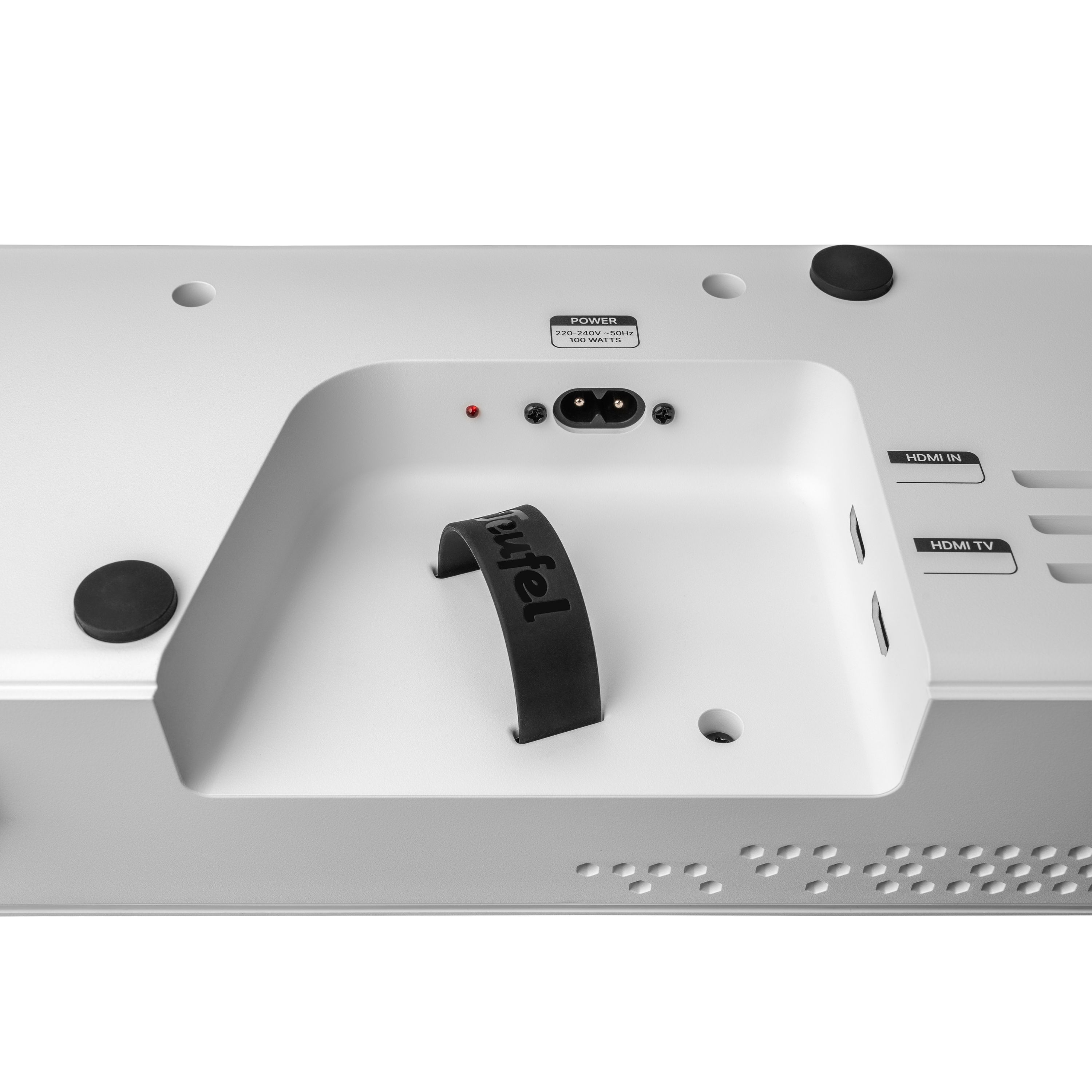 Rückseite eines weißen Geräts mit Anschlüssen, Strombuchse, HDMI IN/TV und Gummifüßen.