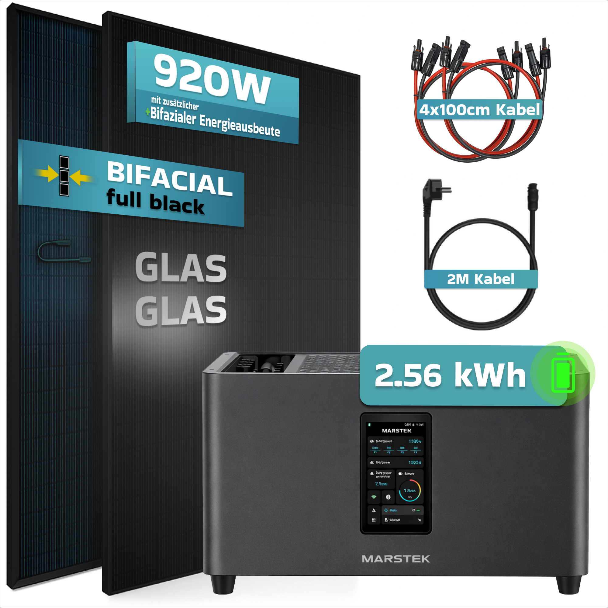 Schwarze Solarmodule, 2 Kabel und ein Wechselrichter mit 2,56 kWh.