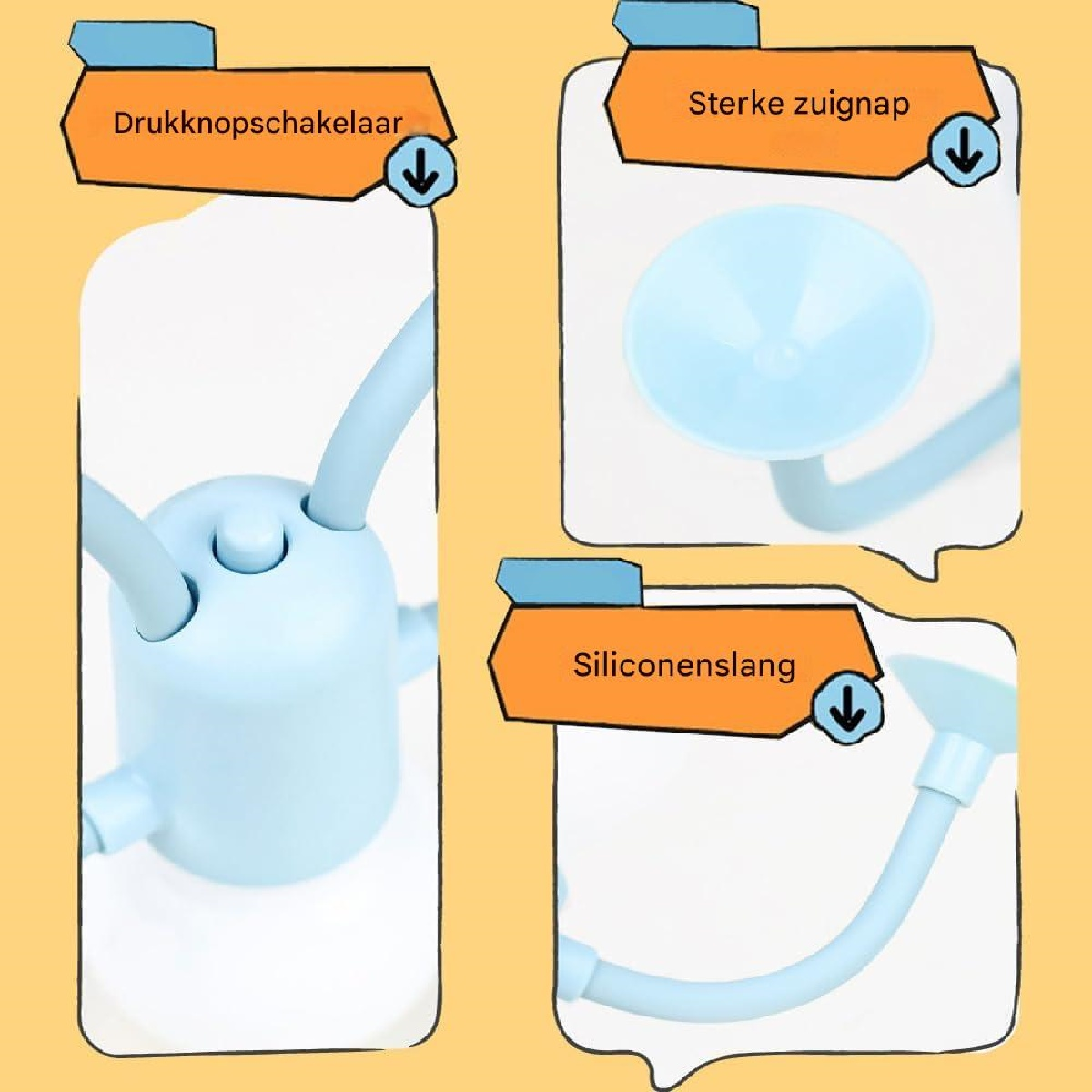 Details eines blauen Babyspielzeugs: Knopfschalter, Saugnapf und Silikonschlauch.