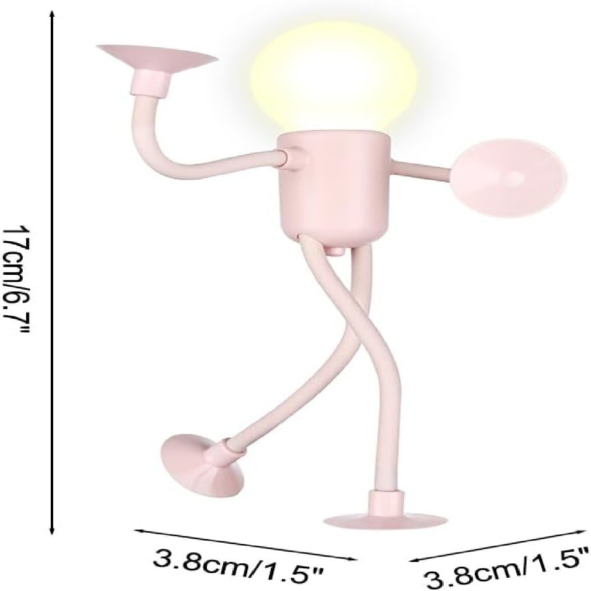 Eine rosafarbene Lampe in Form einer Figur mit einem runden, hellen Lampenkopf und biegsamen Armen/Beinen.