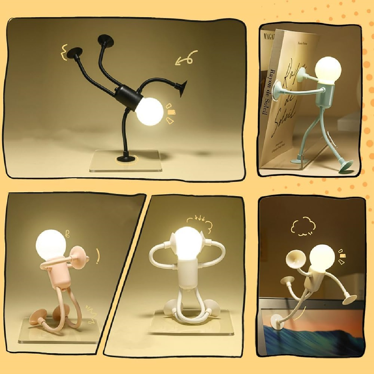 Vier Lampen in Form von Comicfiguren auf einem Tisch.
