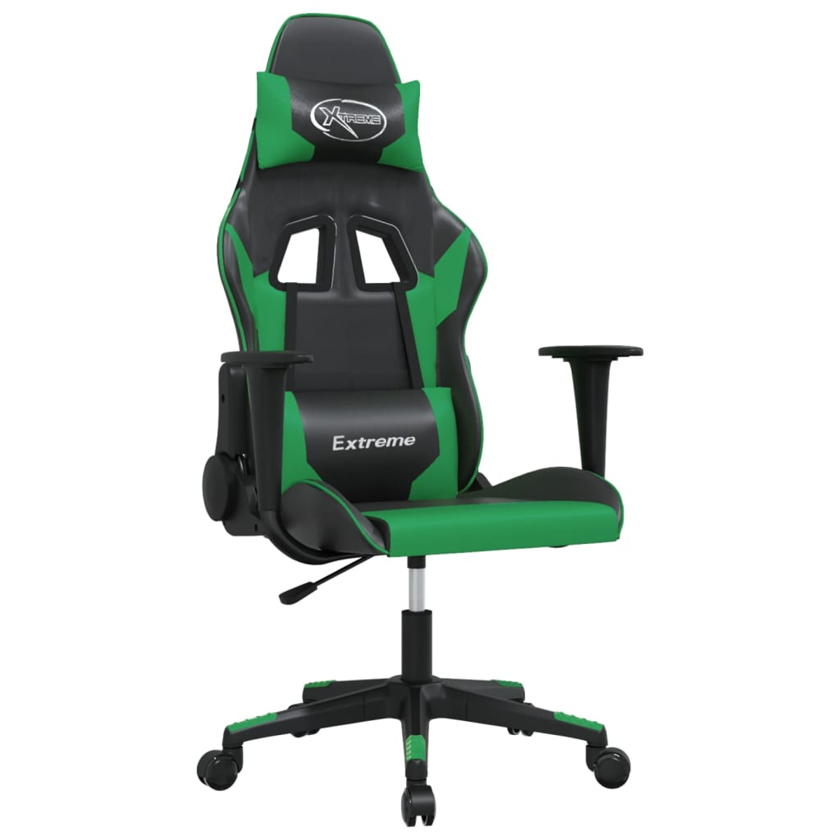 Ein schwarzer und grüner Gaming-Stuhl mit Rädern, Armlehnen und Kopfstütze.