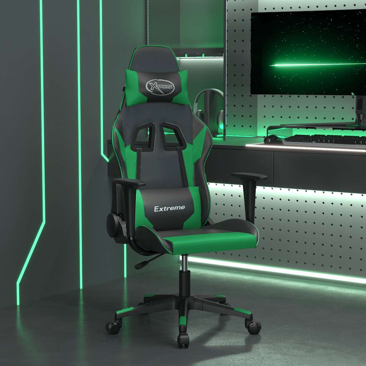 Ein grüner und schwarzer Gaming-Stuhl mit einem Kissen und dem Logo "Extreme".