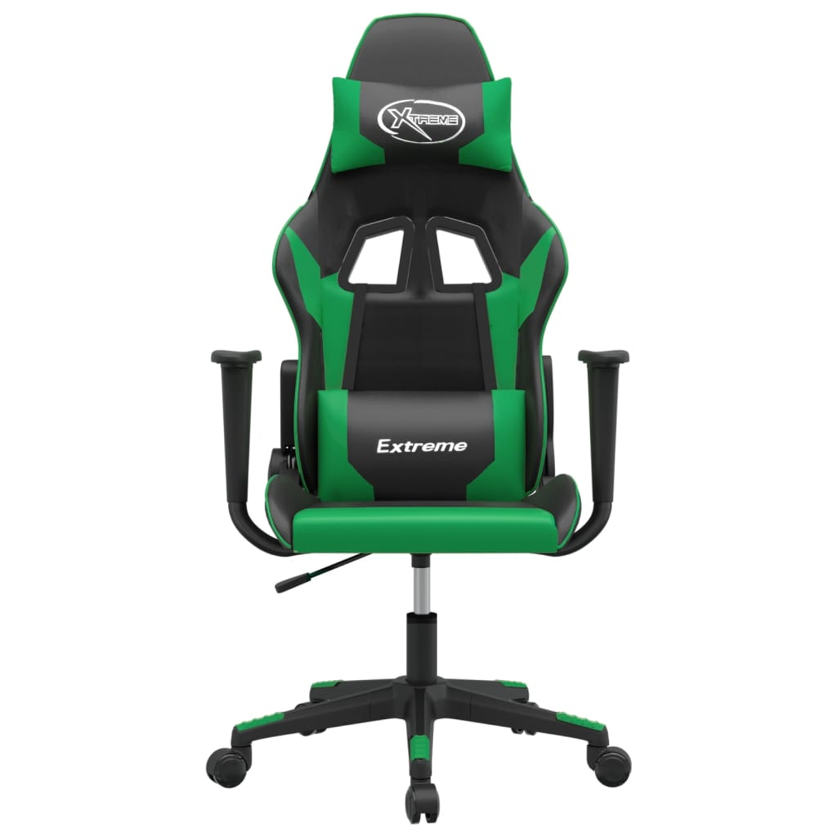 Ein schwarzer und grüner Gaming-Stuhl mit Rädern und einem Logo.