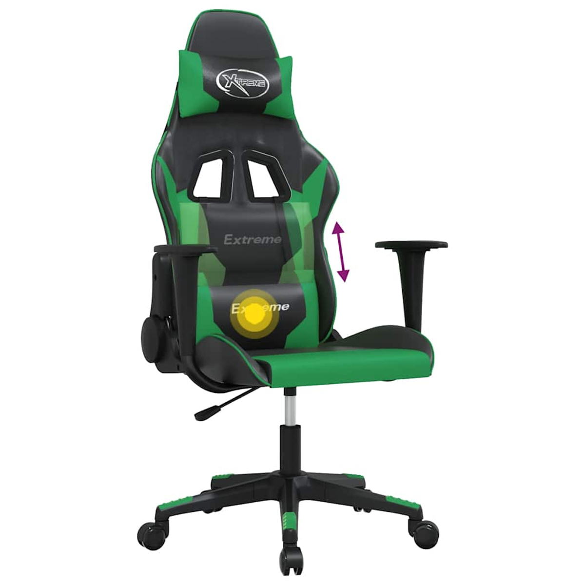 Ein schwarzer und grüner Gaming-Stuhl mit verstellbarer Rückenlehne und Armlehnen.