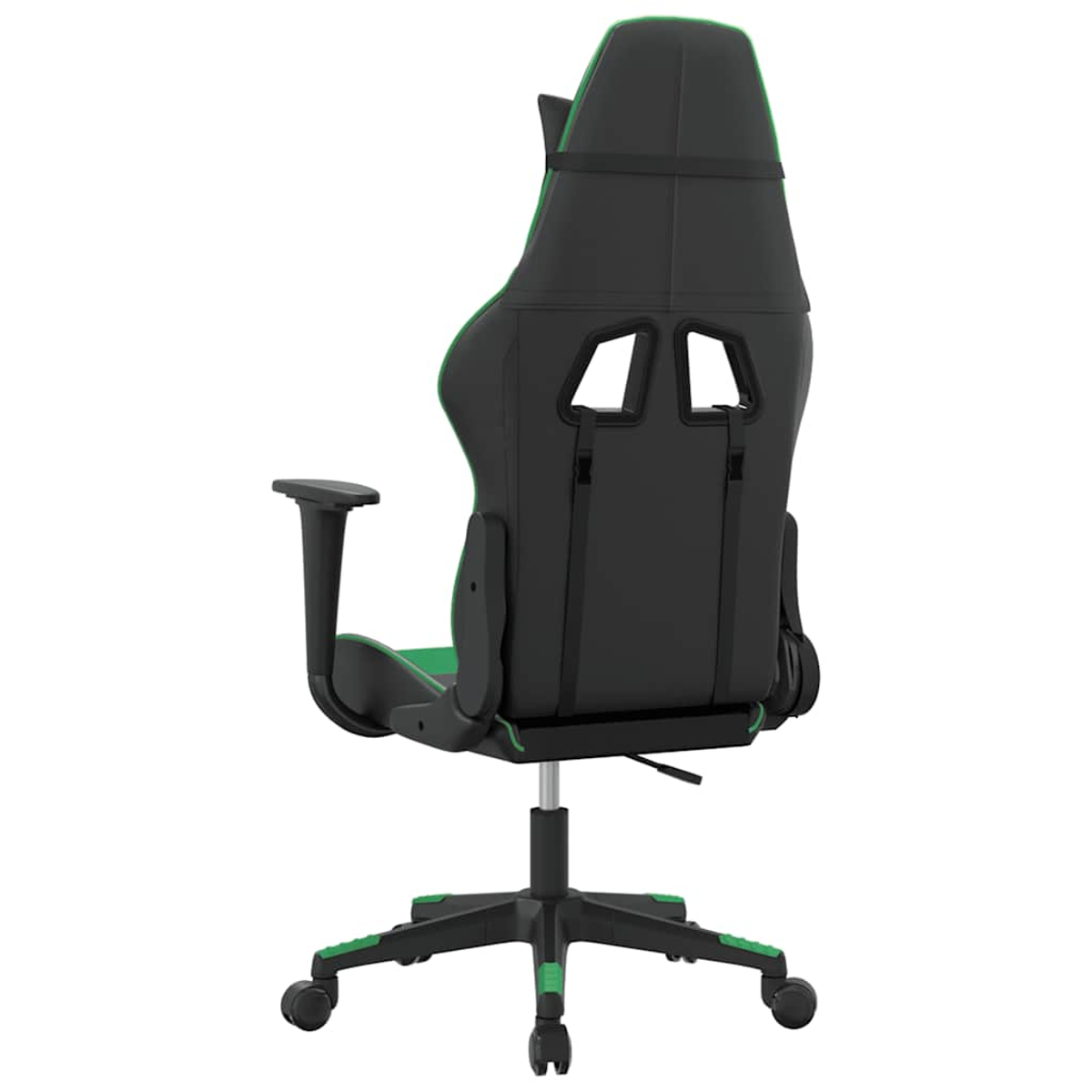 Rückansicht eines schwarzen und grünen Gaming-Stuhls mit Rädern.