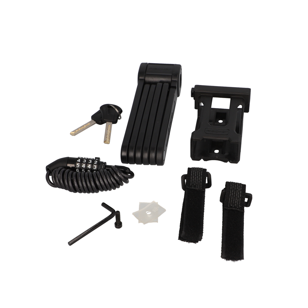 Schwarzes Fahrradschloss-Set mit Zahlenkombination, Schlüssel, Halterung und Riemen.