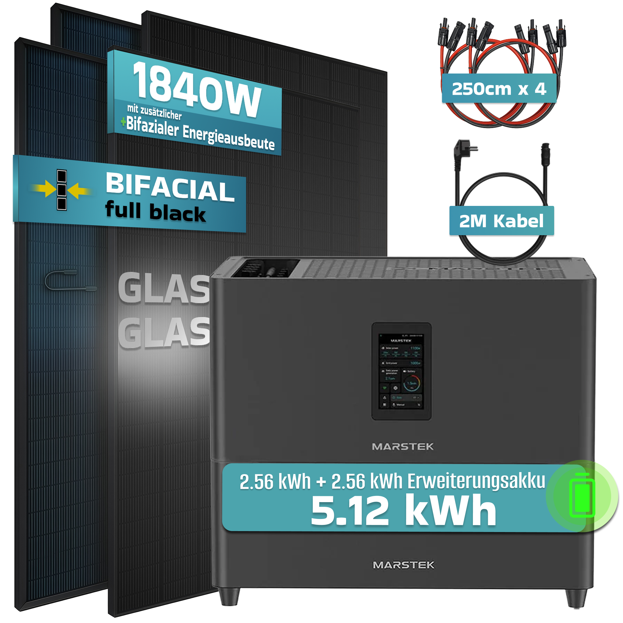 Solaranlage mit Wechselrichter, Batterien und Kabeln. 1840W bifazial, 5.12 kWh Kapazität.