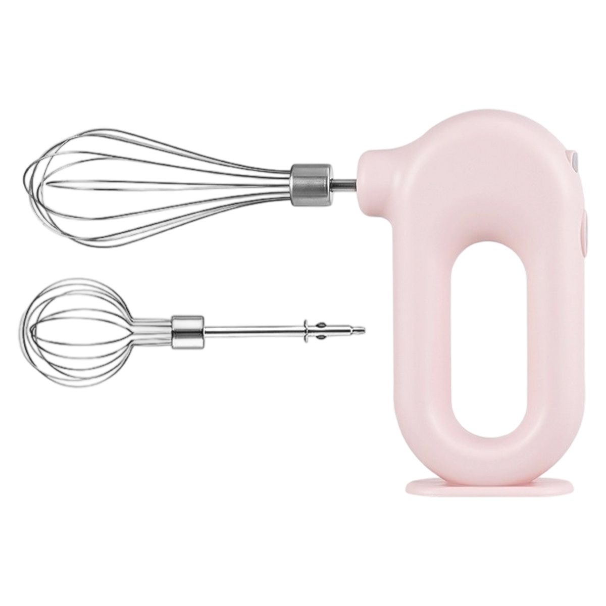 Ein rosa Handmixer mit zwei Aufsätzen: einem Schneebesen und einem Teighaken.