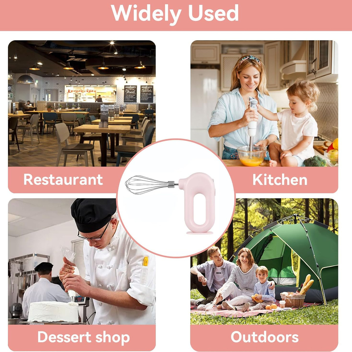 Vier Szenen: Restaurant, Küche, Konditorei und Outdoor-Camping mit einem Mixer.