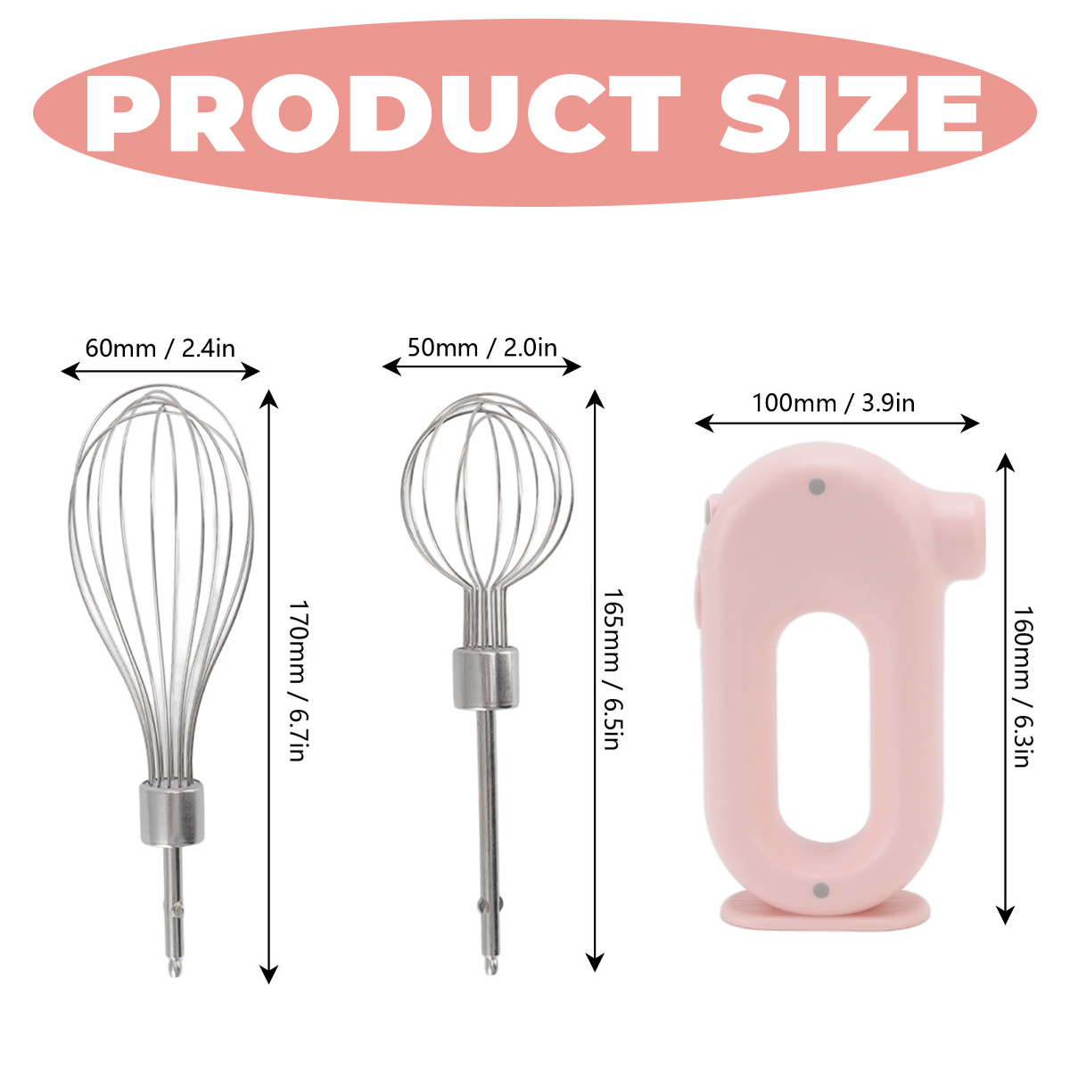 Größenangaben für zwei Schneebesen und einen rosa Handmixer.