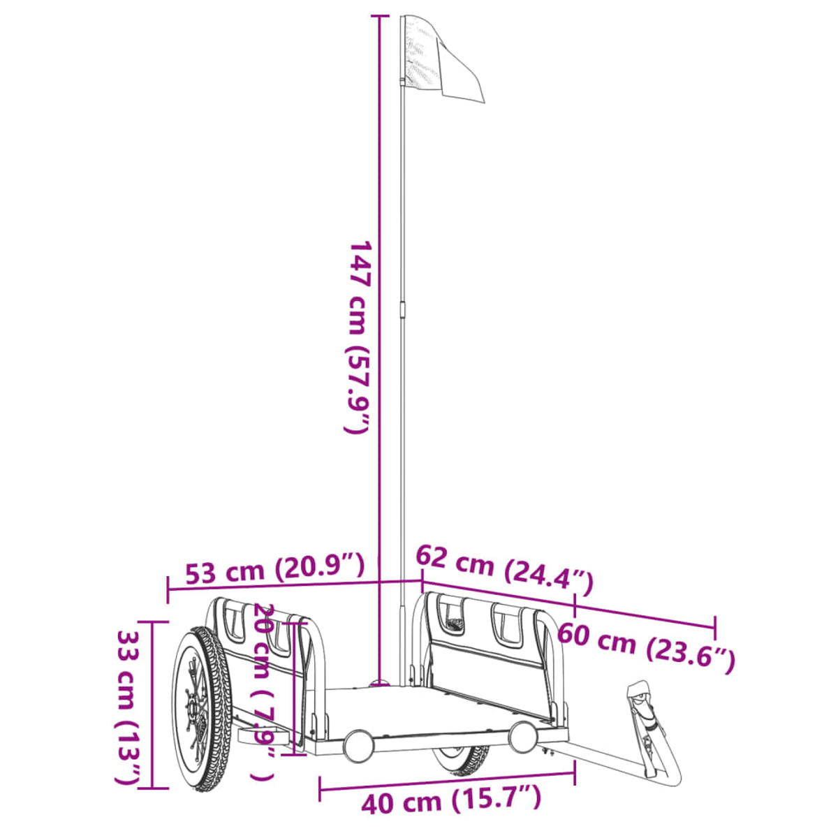 Ein Diagramm zeigt einen weißen Wagen mit markierten Abmessungen. Er hat eine hohe Stange mit Flagge.