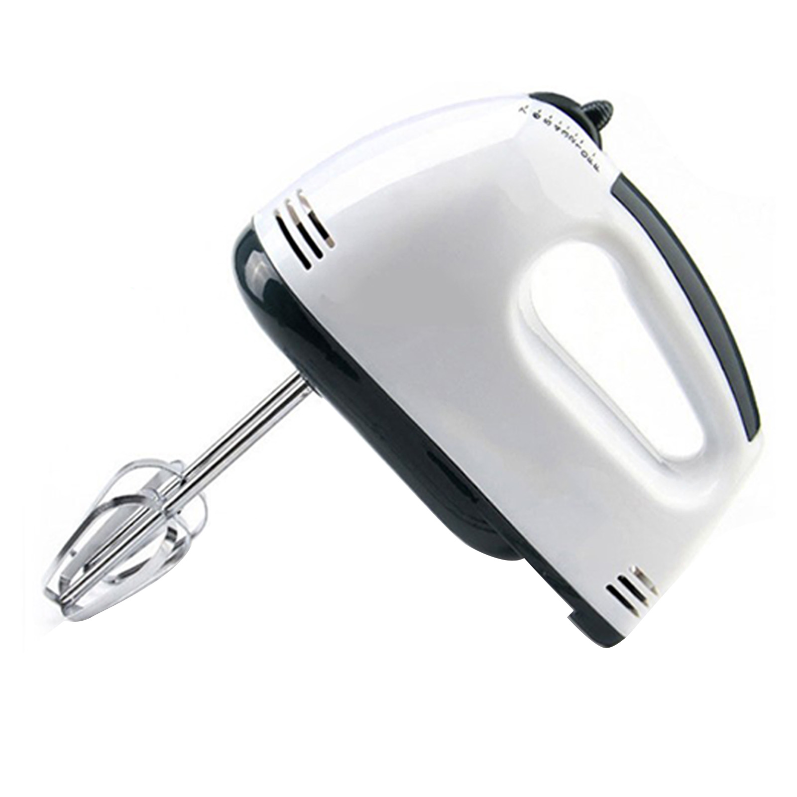 Ein weißer Handmixer mit schwarzem Griff und silbernen Rührstäben.