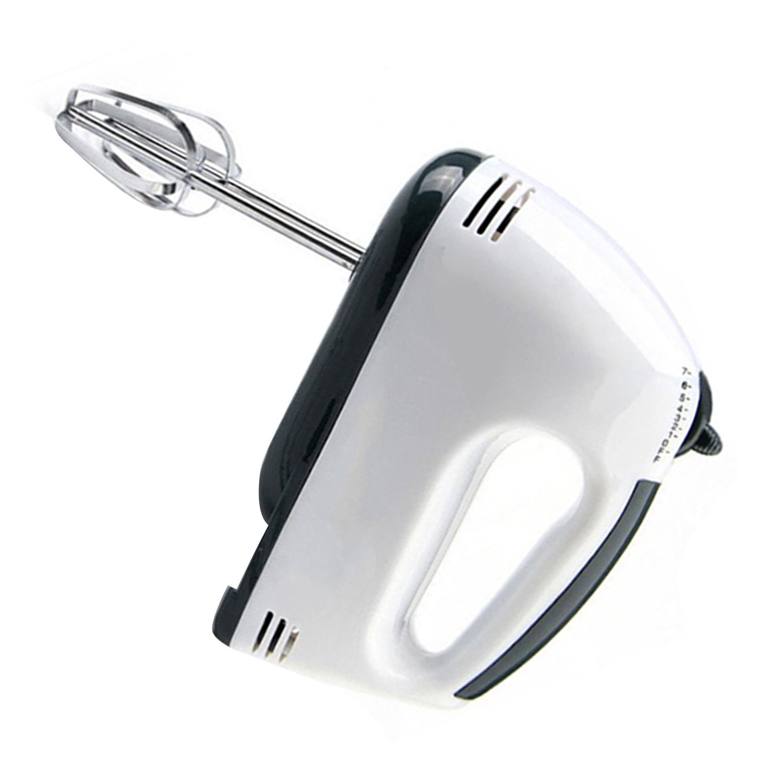 Ein weißer Handmixer mit schwarzem Akzent und silbernen Quirlen auf weißem Hintergrund.