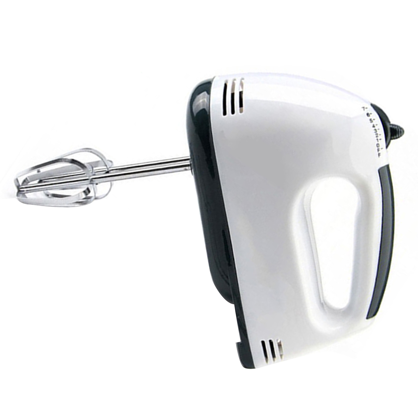 Ein weißer Handmixer mit dunklen Akzenten und zwei Metallrührbesen, auf weißem Hintergrund.