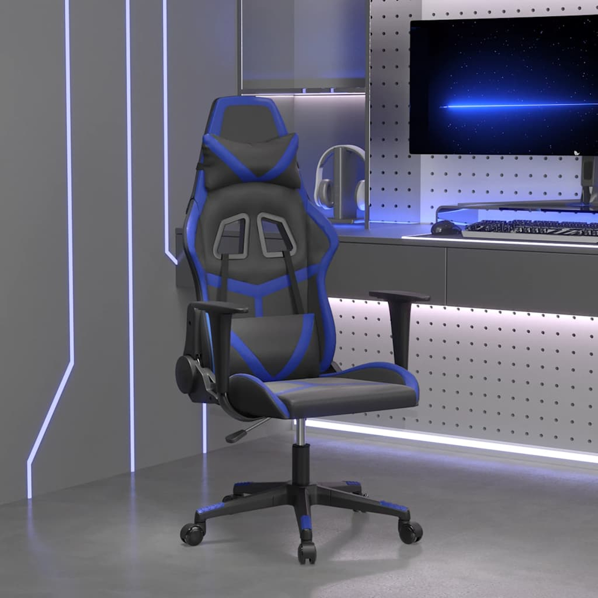 Ein schwarzer und blauer Gaming-Stuhl steht in einem modernen Raum mit Neonlichtern.