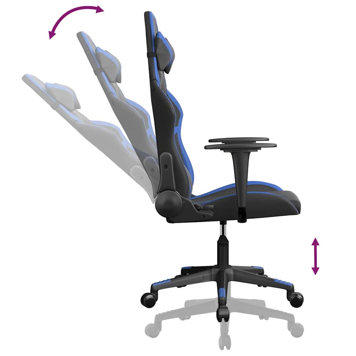Schwarzer und blauer Gaming-Stuhl mit verstellbarer Rückenlehne und Armlehnen.