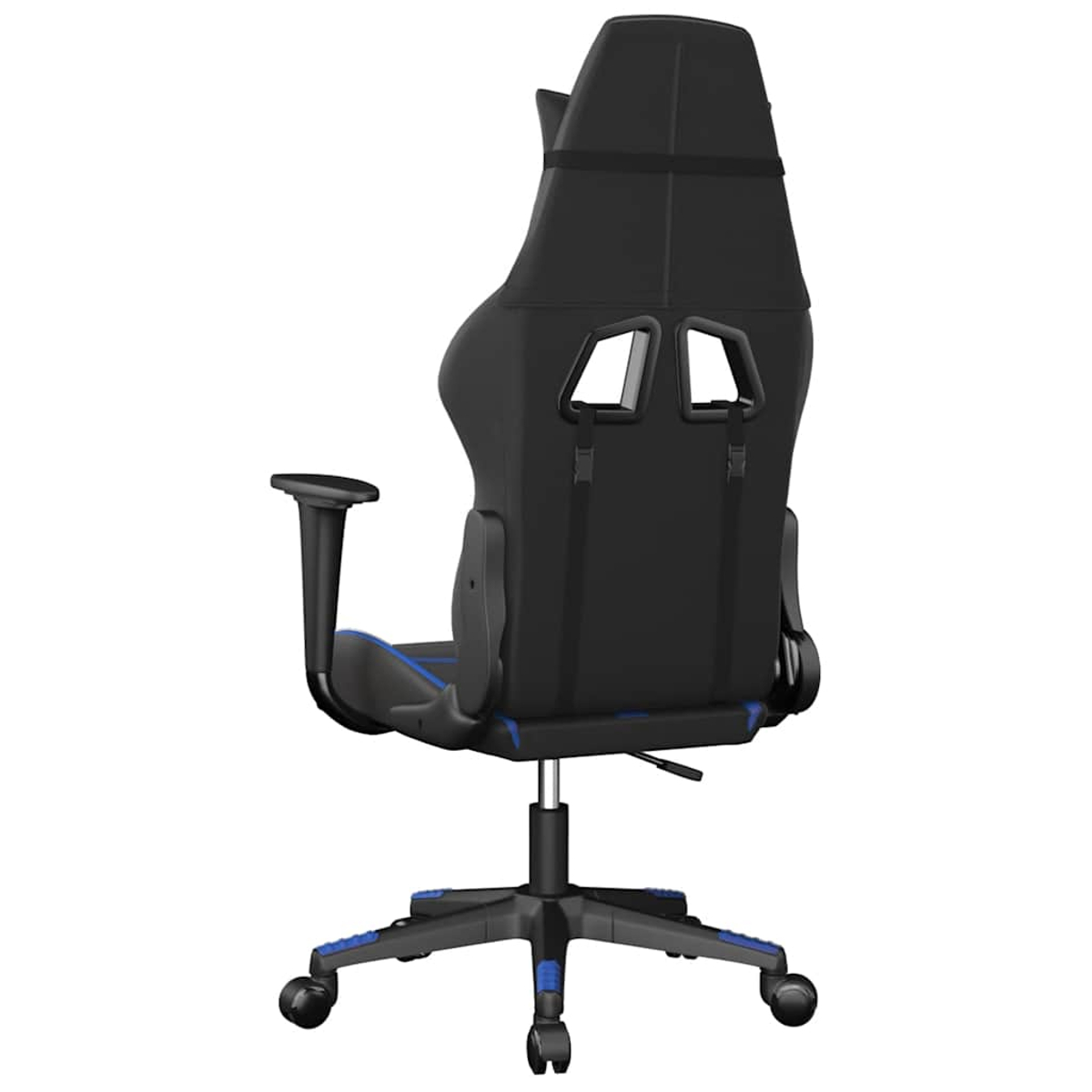 Ein schwarzer Gaming-Stuhl mit blauen Akzenten, von hinten gesehen, auf Rädern.