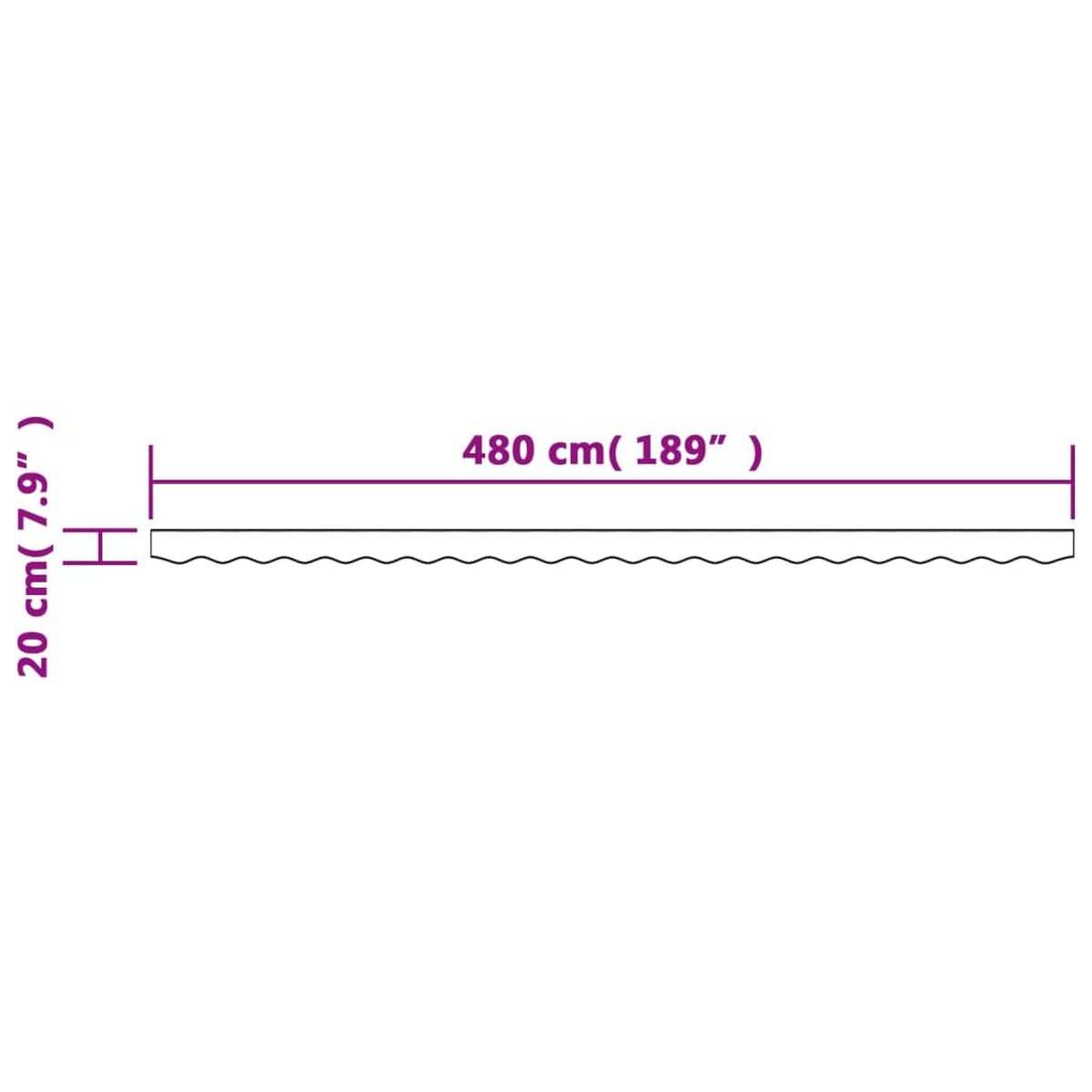Dimensioni: 480 cm (189’’) di lunghezza, 20 cm (7,9’’) di altezza.