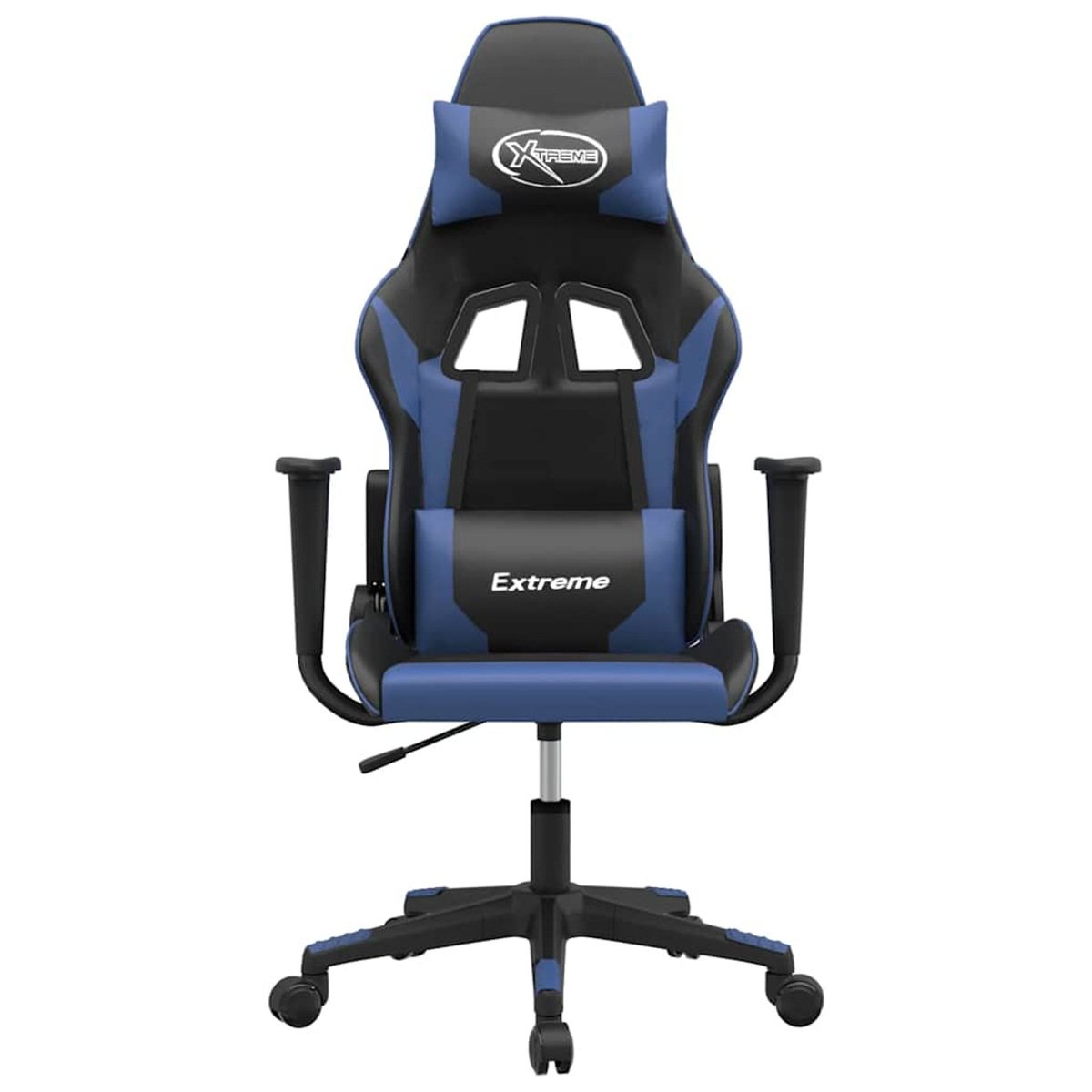 Ein blauer und schwarzer Gaming-Stuhl mit Rädern und verstellbaren Armlehnen.