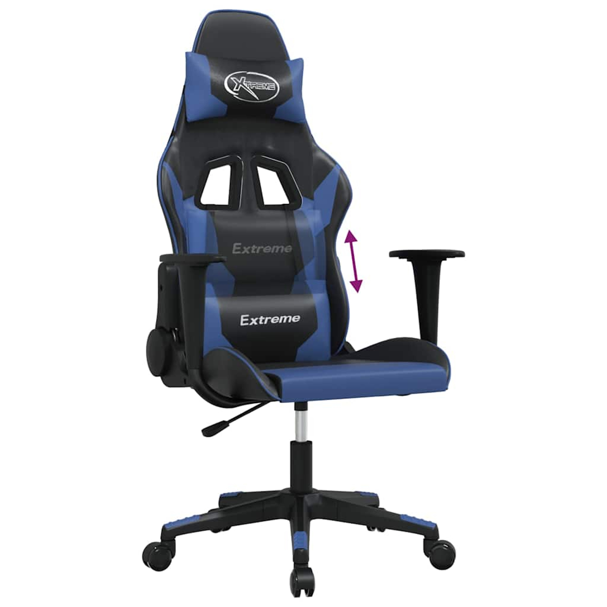 Ein blauer und schwarzer Gaming-Stuhl mit silbernem Fußkreuz und Rollen.