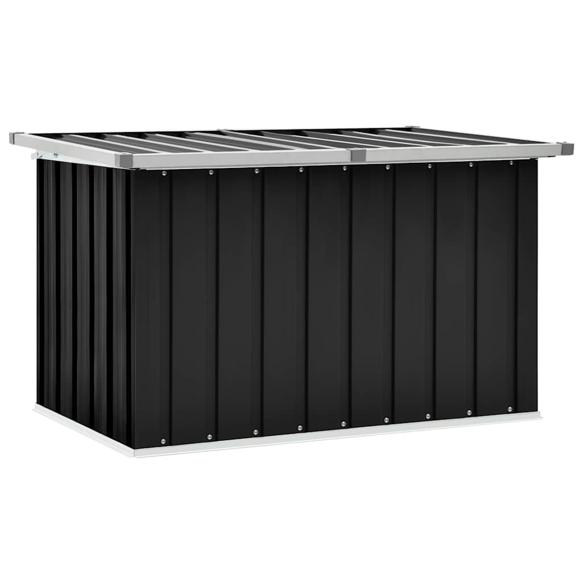 Box portaoggetti nero in metallo con tetto e base argentati.