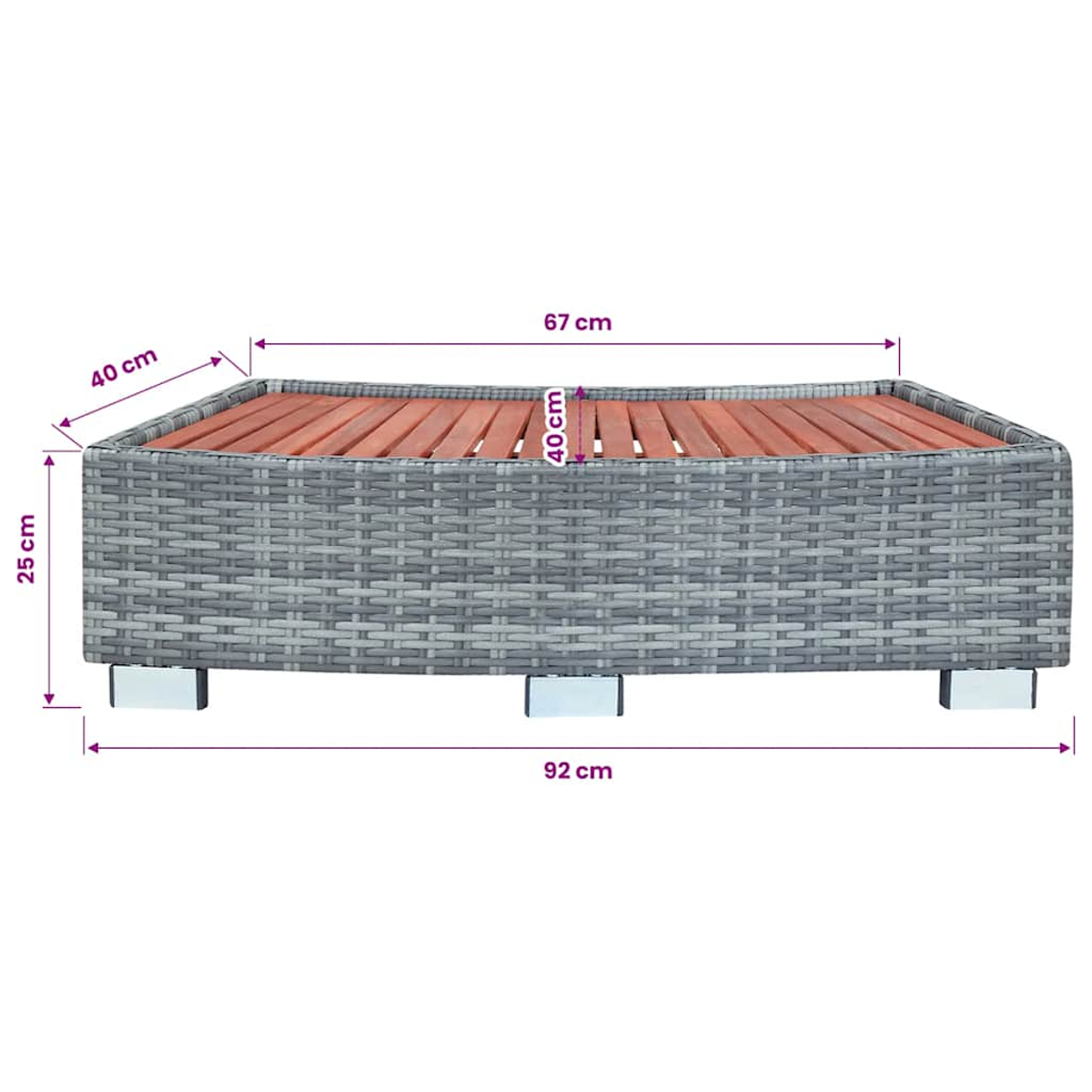 Rattan Tisch mit Holzlatten. Maße: 92x40x25 cm.