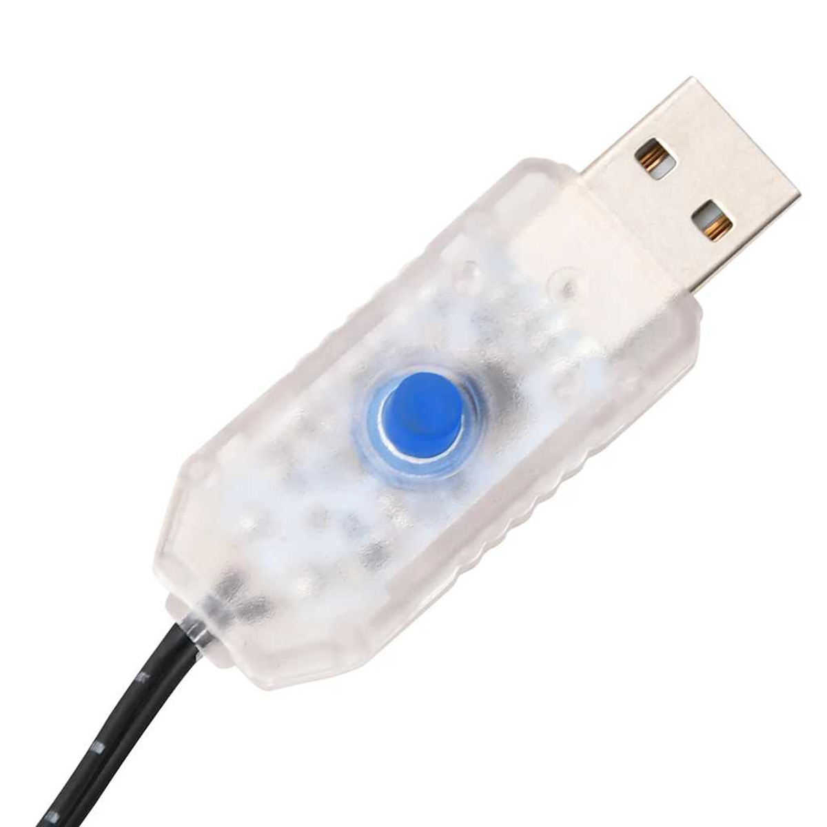 Transparenter USB-Adapter mit blauem Knopf und Kabel.