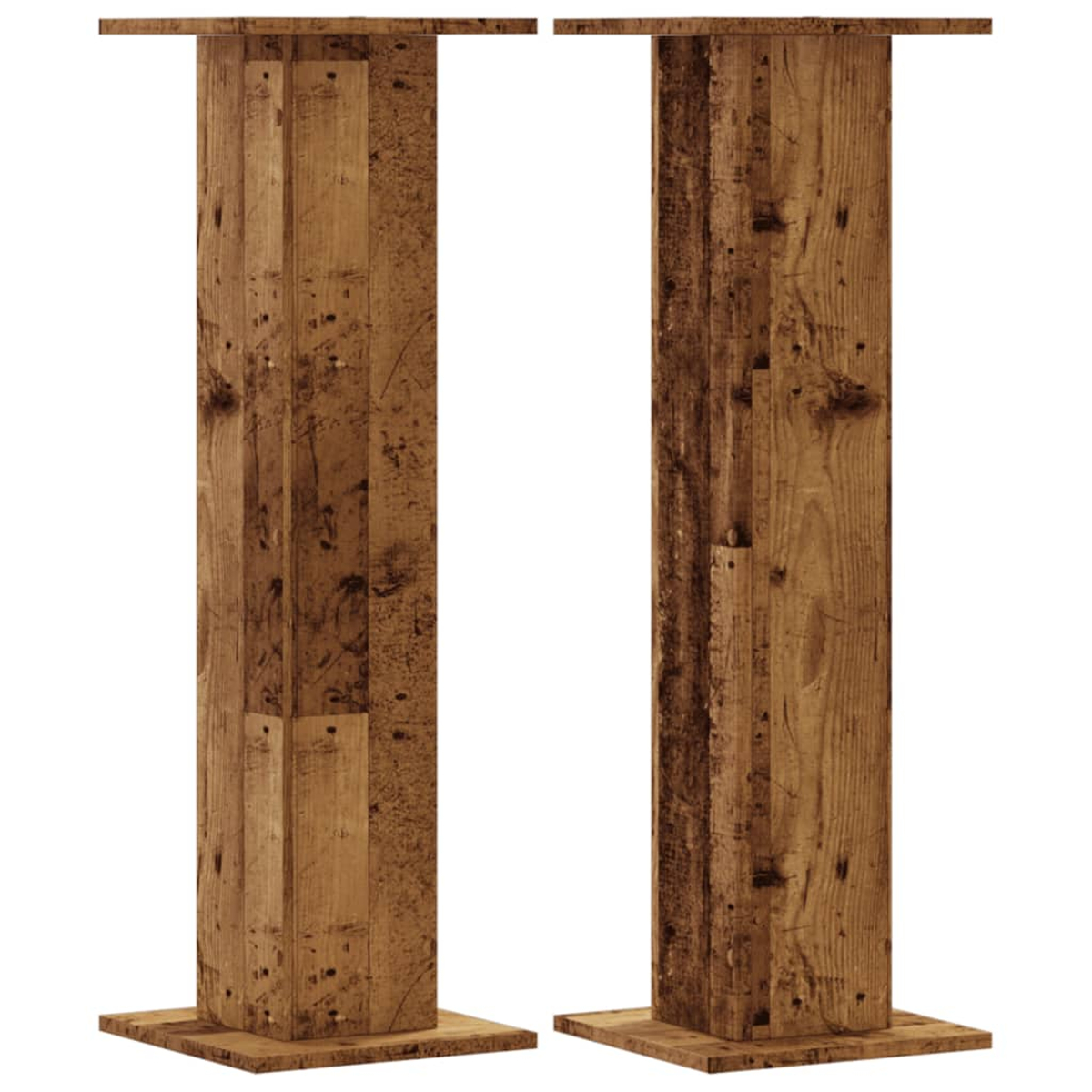 Zwei rustikale Holzsockel mit vertikalen Holzplanken, weißer Hintergrund.