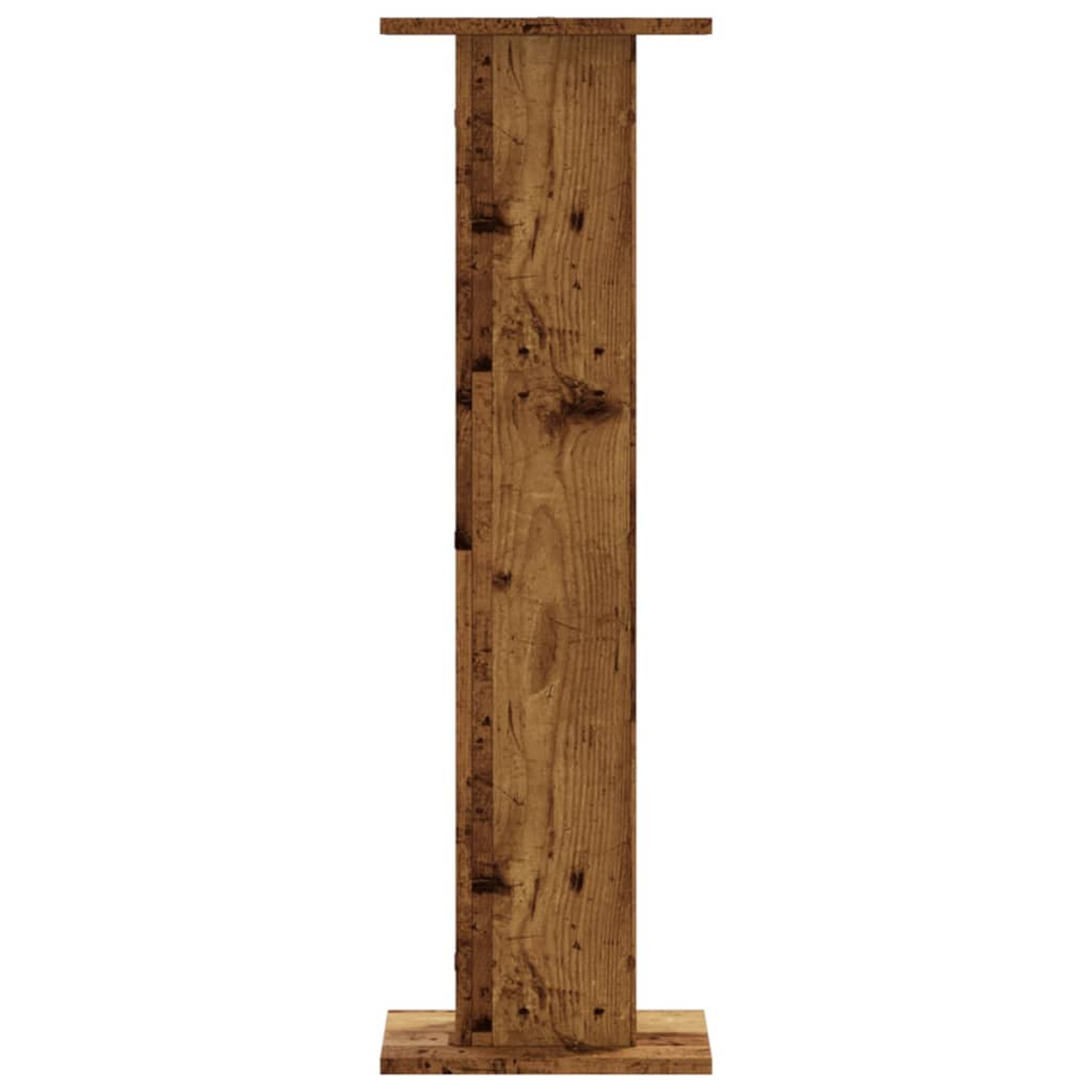 Ein vertikales Holzelement mit rustikaler Maserung steht auf einer Basis.