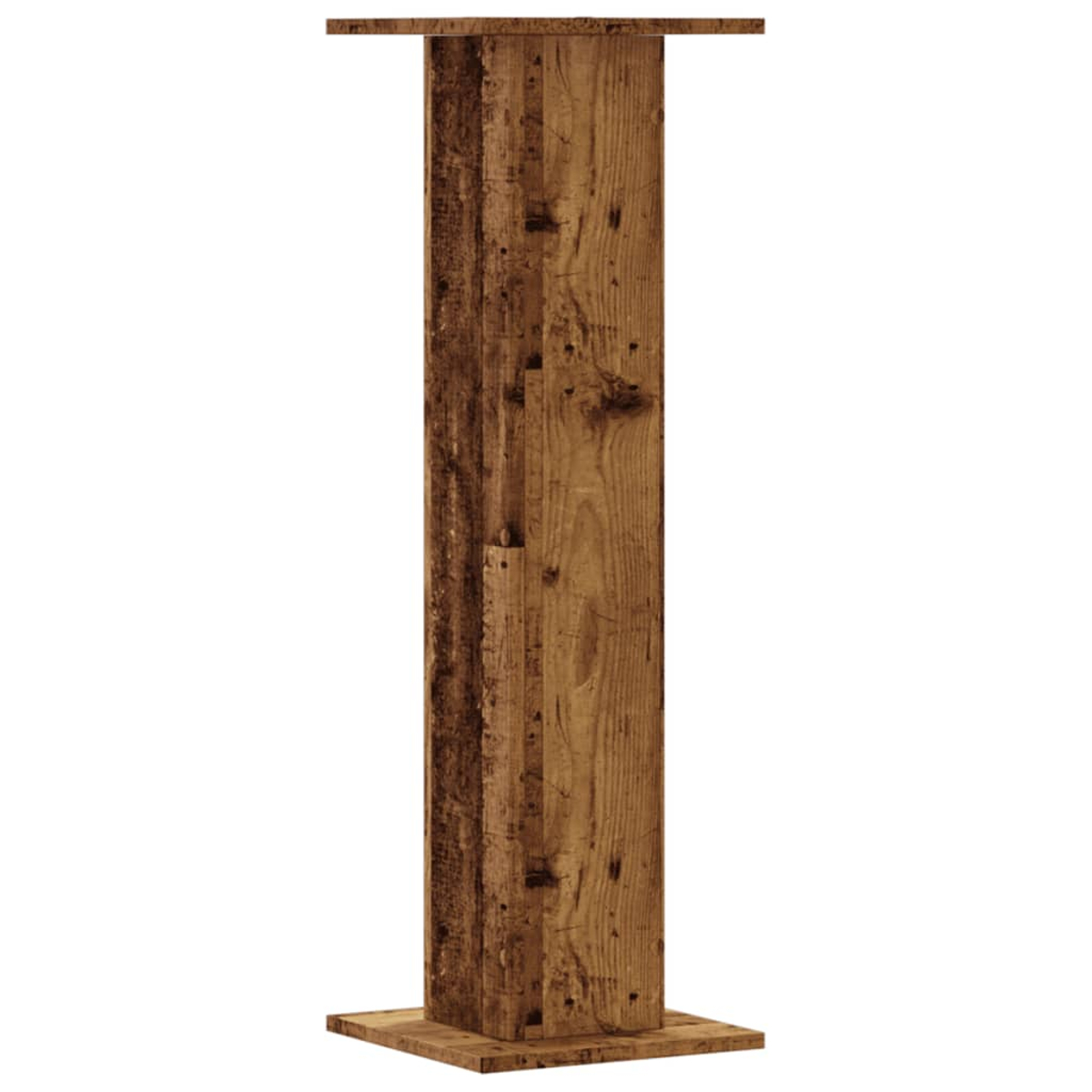 Ein Holzbalken steht auf einem Holzsockel und hat eine Holzplatte oben.