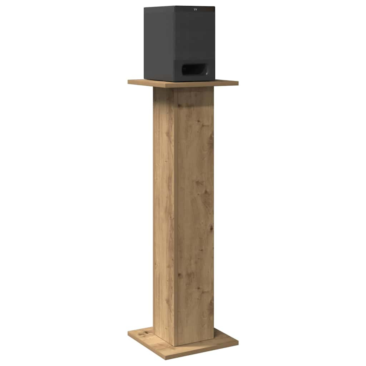 Ein schwarzer Subwoofer steht auf einem hölzernen Lautsprecherständer.