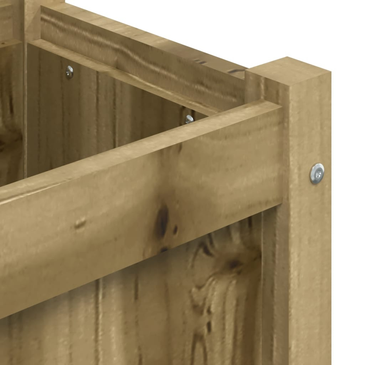 Holzkonstruktion mit Schrauben, Nahaufnahme der Eckverbindung.