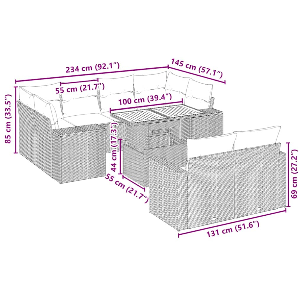 Diagrama de un conjunto de sofá de ratán gris con dimensiones.